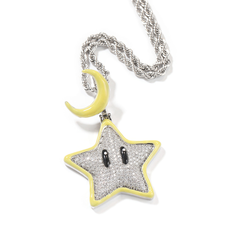 Cartoon Night Glowing Star Hip-hop Necklace with Rhinestone