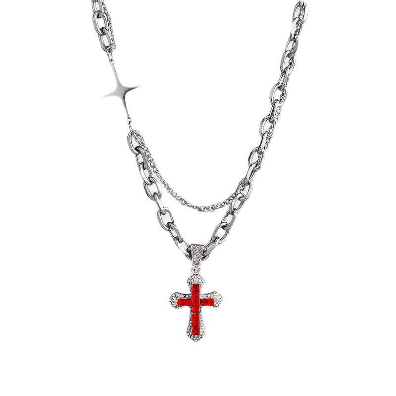 RED GEM-STUDDED CROSS NECKLACE 4048