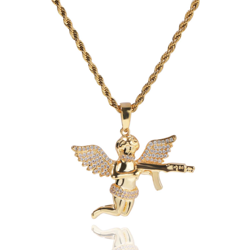 Gun-toting Angel Pendant Necklace with Zirconia Inlaid in Brass