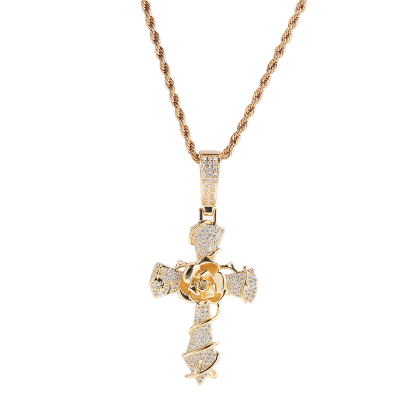 Copper-Plated 5A Zircon Rose Cross Necklace