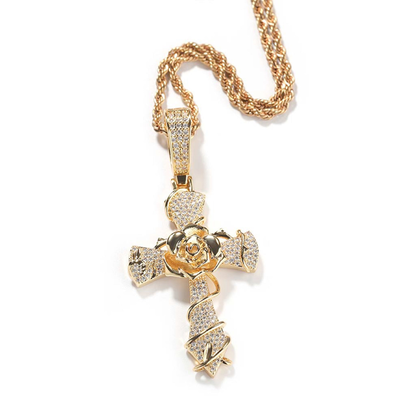 Copper-Plated 5A Zircon Rose Cross Necklace