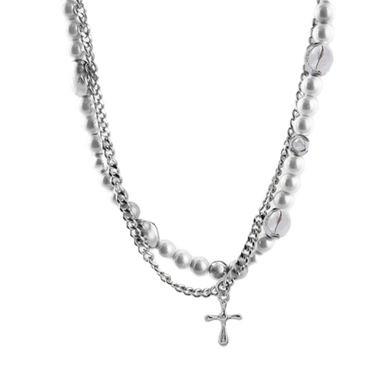 REFLECTIVE PEARL CROSS NECKLACE 4046