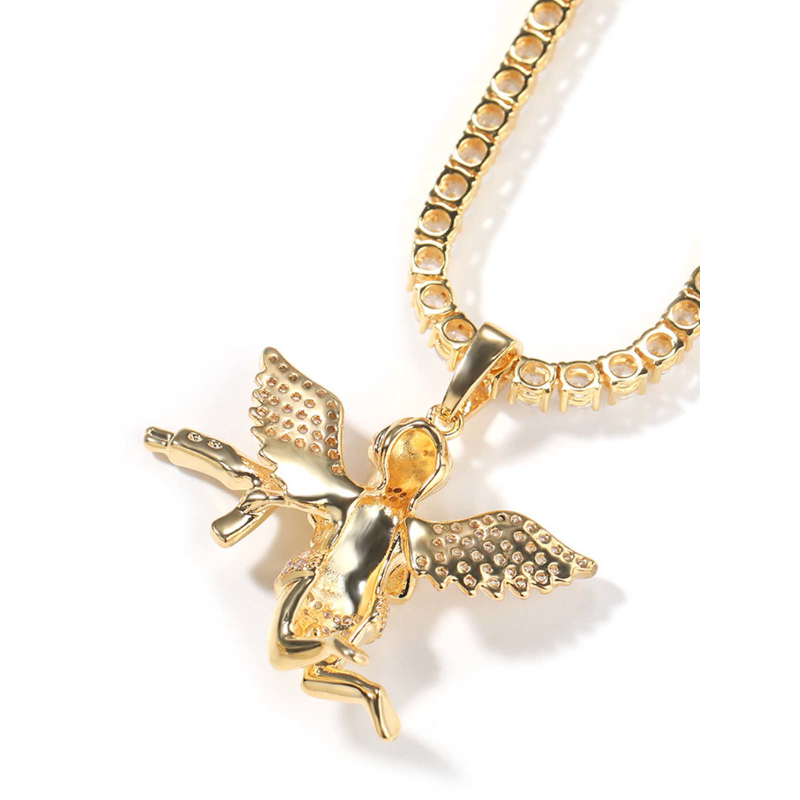 Gun-toting Angel Pendant Necklace with Zirconia Inlaid in Brass