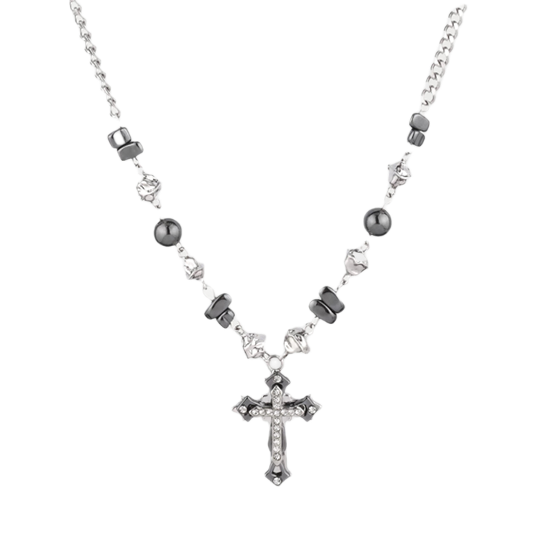 BLACK CRACKED CROSS NECKLACE 4045