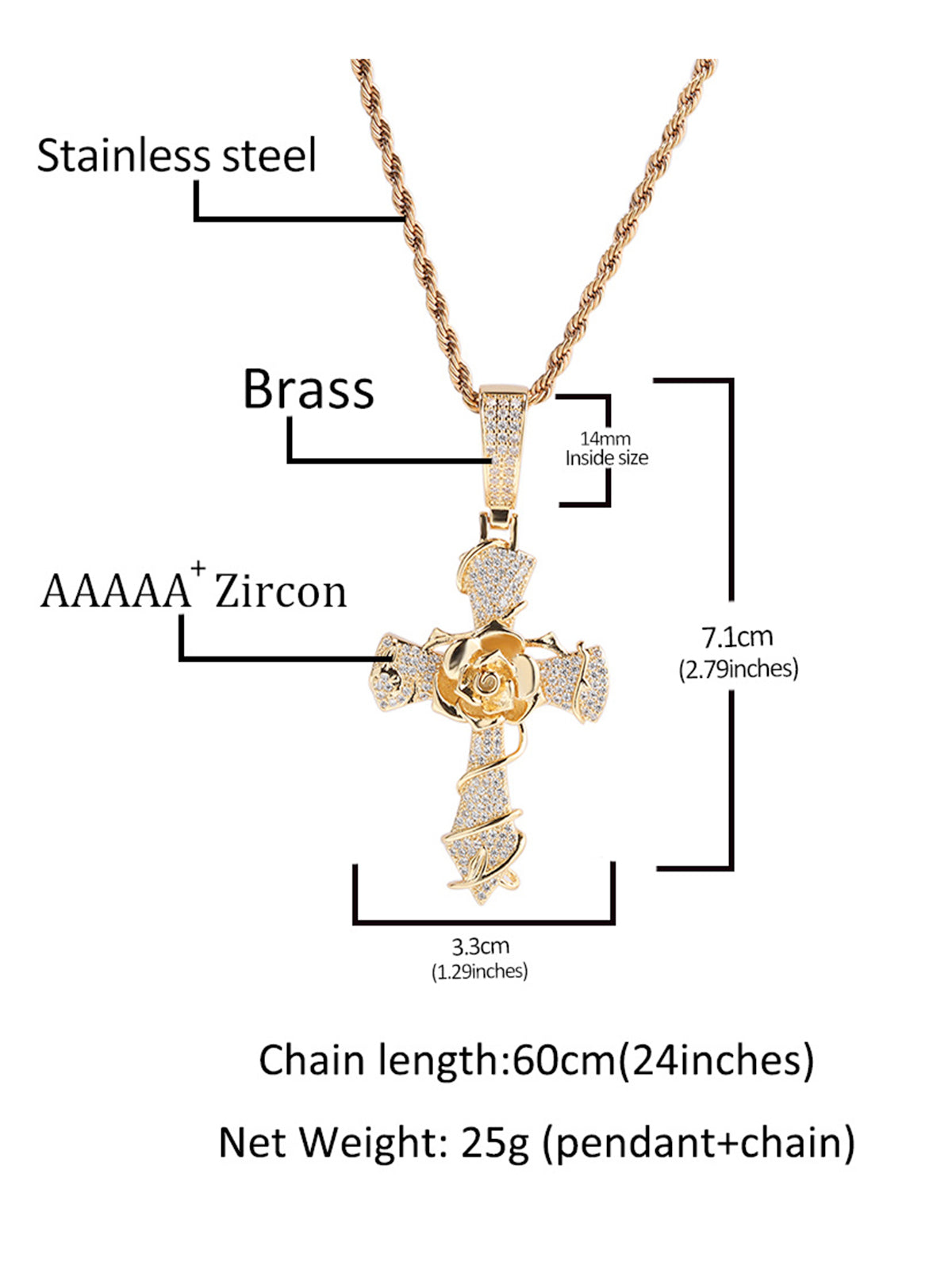 Copper-Plated 5A Zircon Rose Cross Necklace