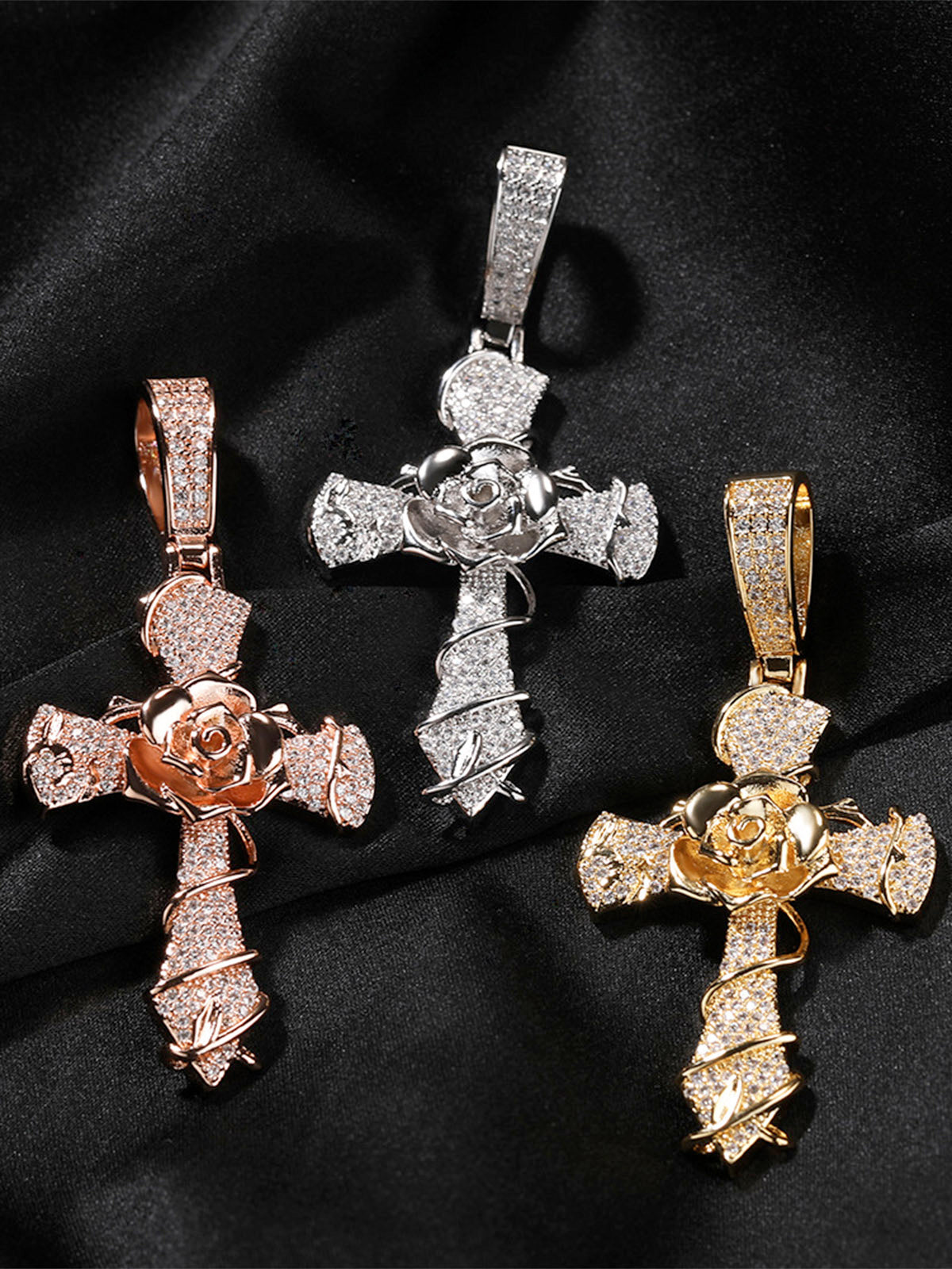 Copper-Plated 5A Zircon Rose Cross Necklace