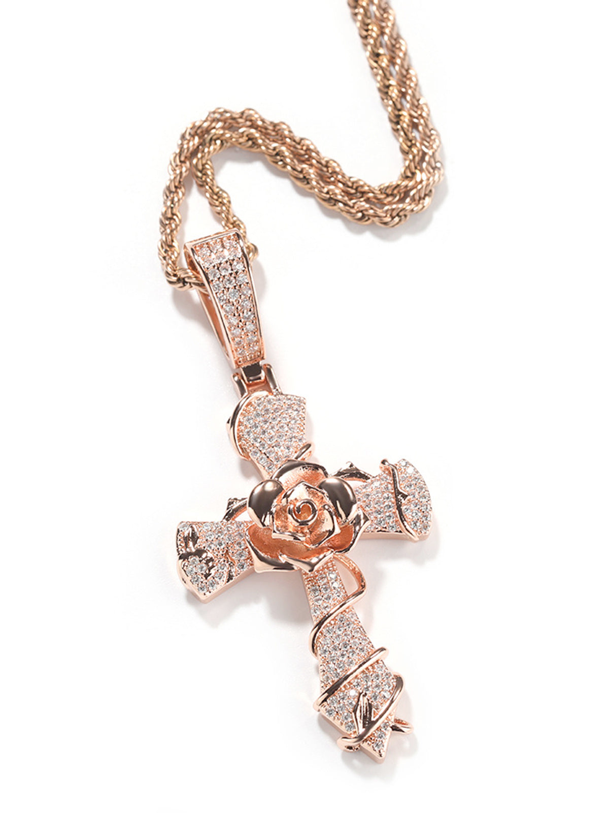 Copper-Plated 5A Zircon Rose Cross Necklace