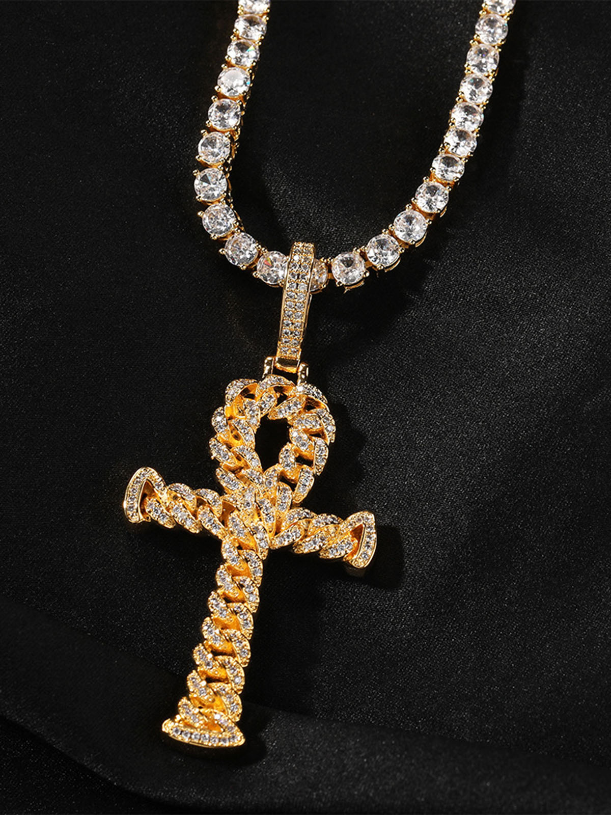 Copper-Inlaid Zircon Cross Pendant Necklace