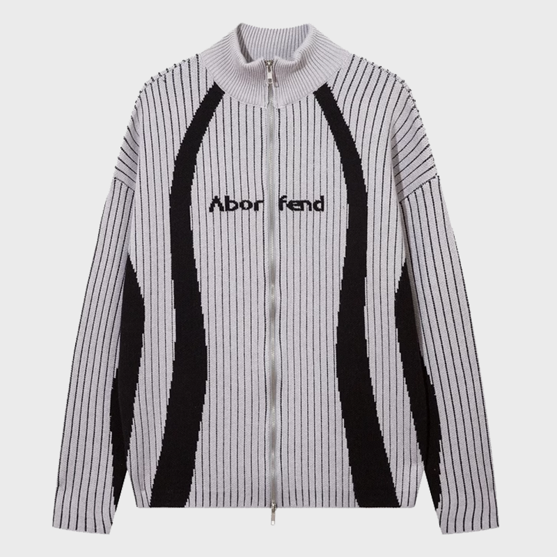 STRIPED SPLICED STAND COLLAR KNITWEAR JACKET