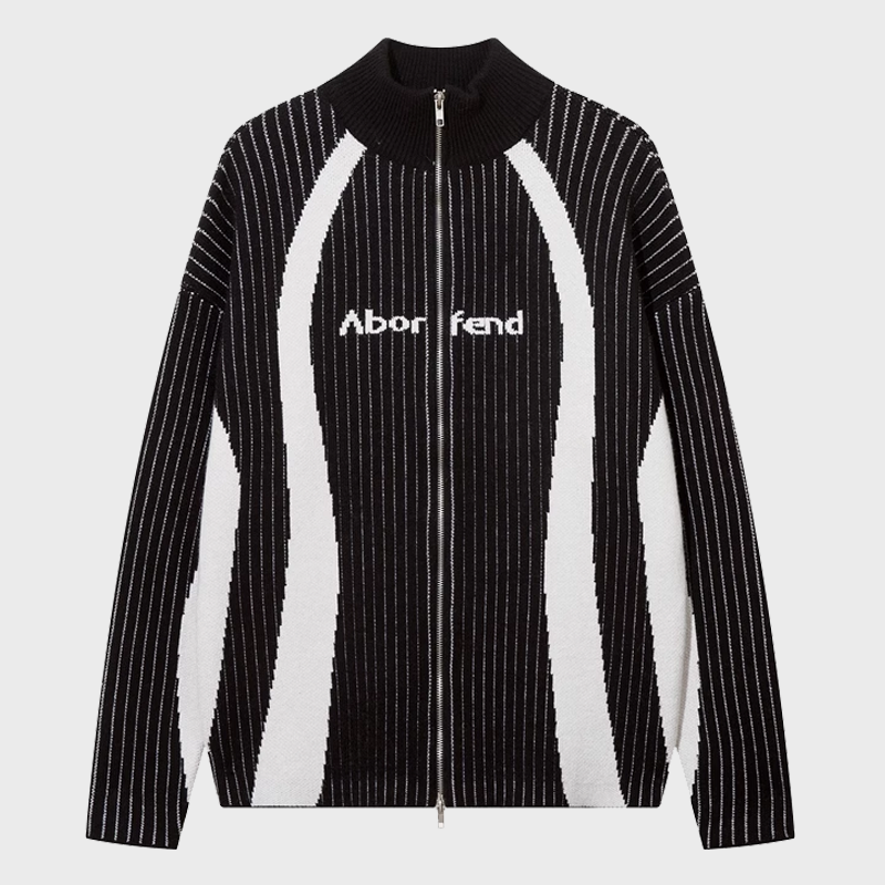 STRIPED SPLICED STAND COLLAR KNITWEAR JACKET