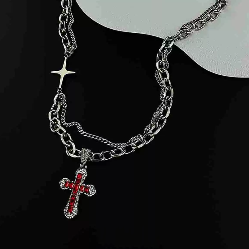 RED GEM-STUDDED CROSS NECKLACE 4048