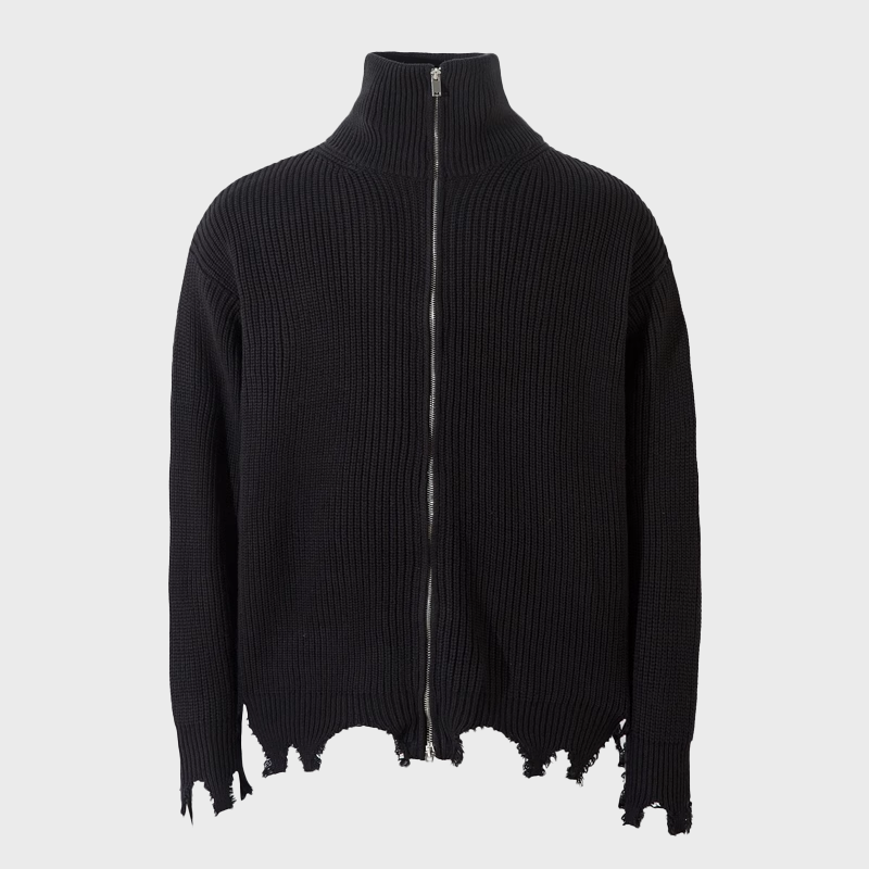 HIGH COLLAR FRAYED KNITWEAR JACKET