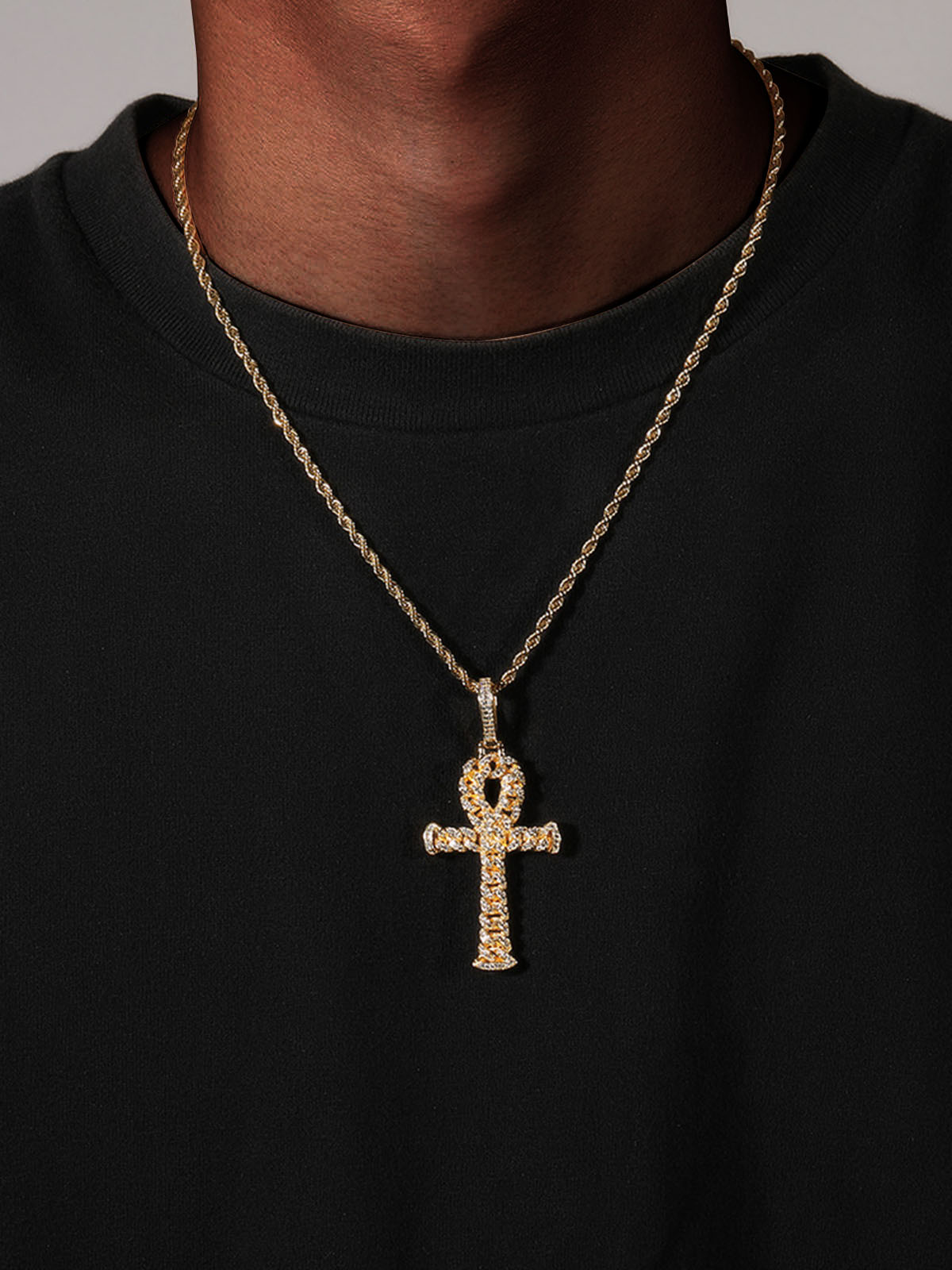 Copper-Inlaid Zircon Cross Pendant Necklace